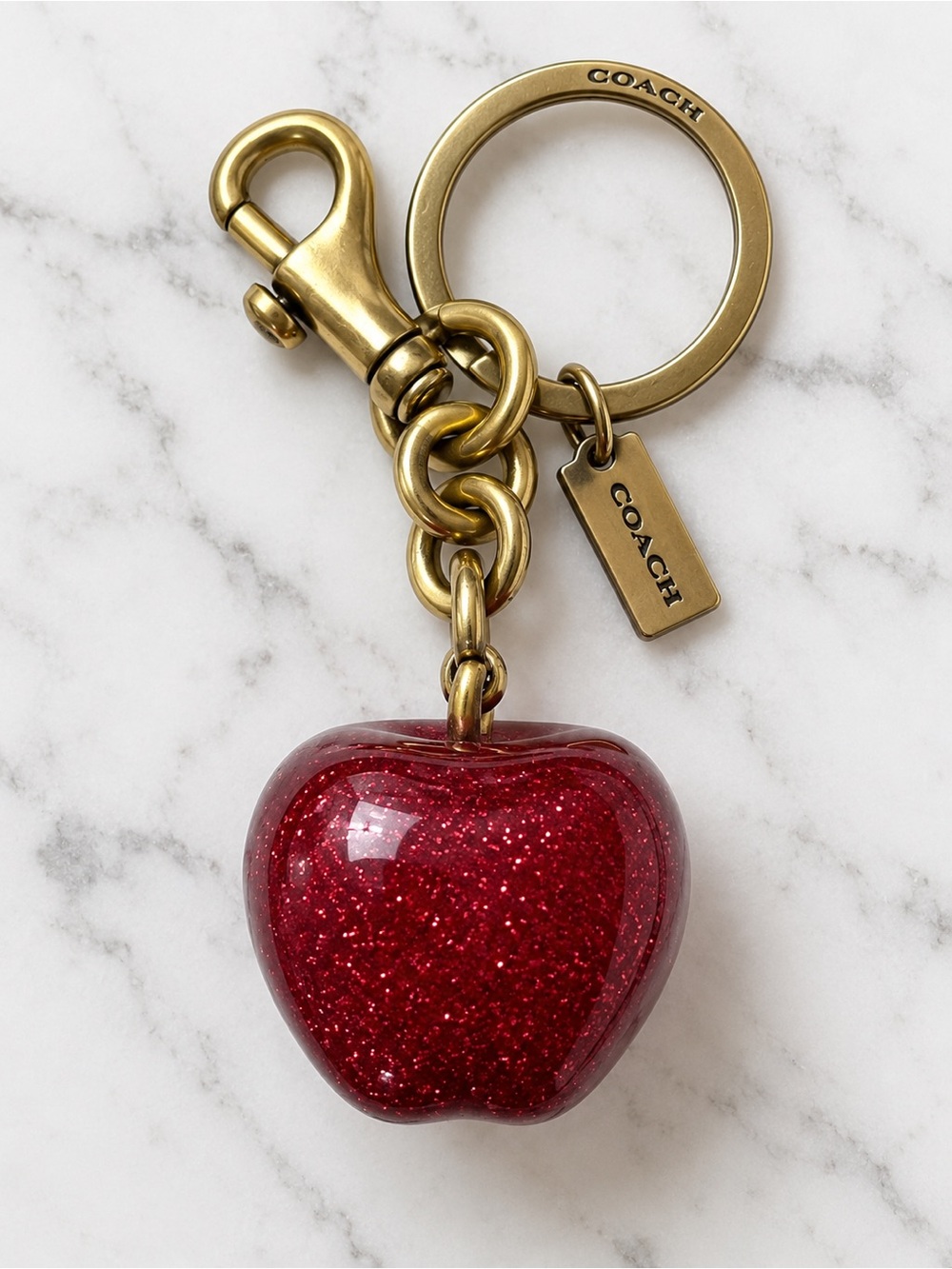 COACH Red Glitter Apple Key Ring with Antique Gold Hardware